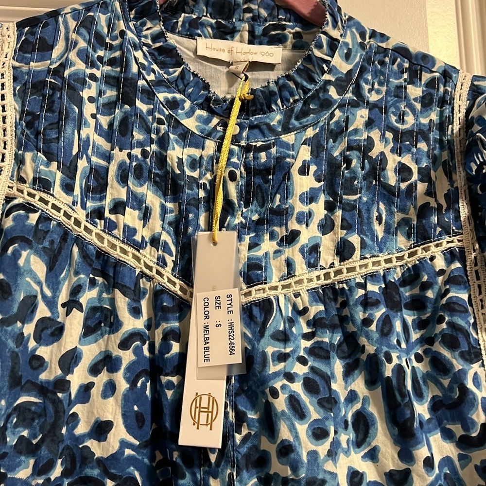 House of Harlow 1960 Melba Blue Floral Ruffle Button Front Dress - Picture 7 of 12